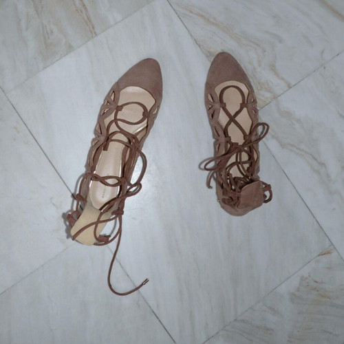 Zara suede-leather ballet lace-up flats new, dusty mauve pink, size 38