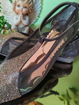 Galilea Elegant Black Ballerina Flats with Strap and Stone Decoration, New, Size 41
