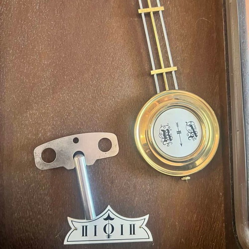 Wooden wall clock with pendulum used, 79x31x16 cm, analog