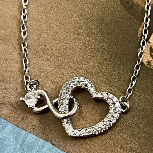 Steel necklace with heart and sparkling zirconia, new, silver color