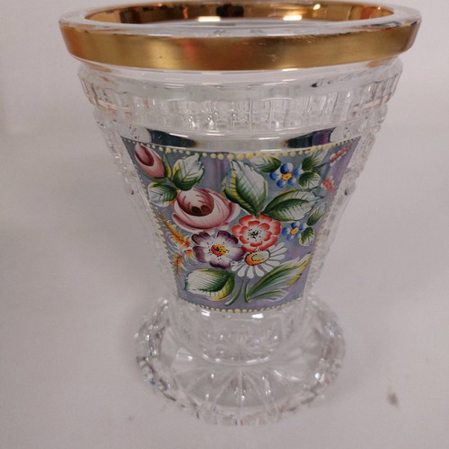 Bohemian crystal vase 15 cm used, heavy with hand-painted enamel