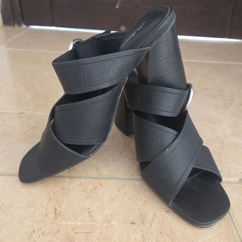 Autograph Black Leather Mules Block Heel Cross Strap Sandals