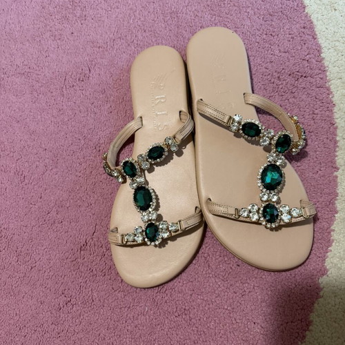 IRIS Sandals size 38 new with green Swarovski stones handmade in Greece