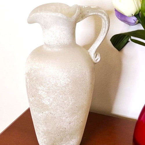 Glass frosted white pitcher with amphora design, like new