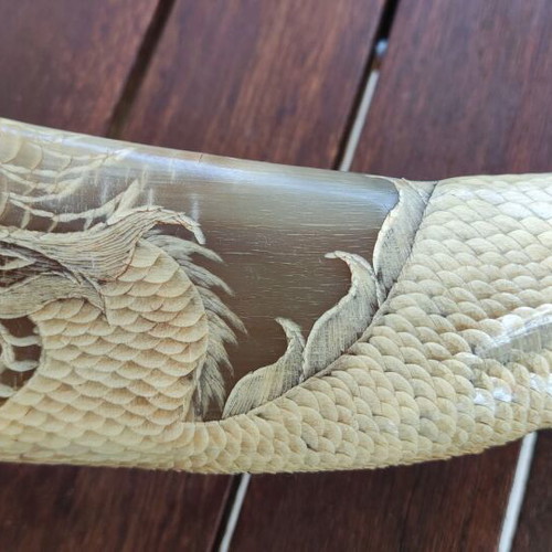 Buffalo horn with handmade dragon carving like new