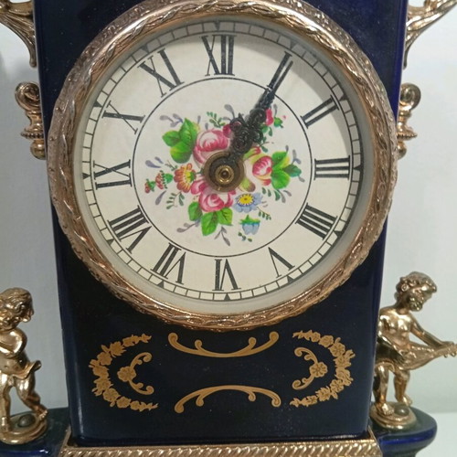 Vintage style brass and cobalt porcelain table clock