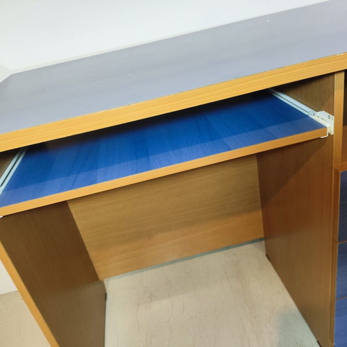Computer desk with drawers used, natural wood and blue