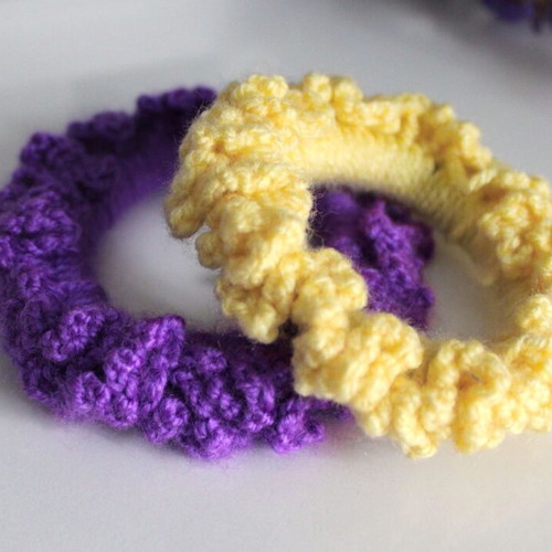 Scrunchies knitted handmade new, yellow and purple