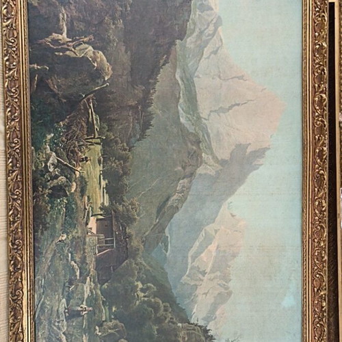 Vintage painting Alpine landscape with gold carved frame like new