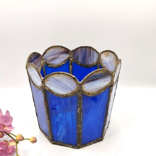 Vintage Dutch decorative candle holder used, blue Tiffany-style glass