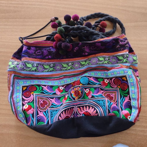 Ethnic Boho Shoulder Fabric Bag with Embroidery and Pom-Poms, Hmong Thai Tribal style