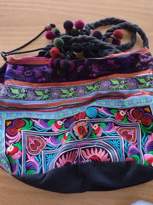 Ethnic Boho Shoulder Fabric Bag with Embroidery and Pom-Poms, Hmong Thai Tribal style