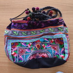 Ethnic Boho Shoulder Fabric Bag with Embroidery and Pom-Poms, Hmong Thai Tribal style