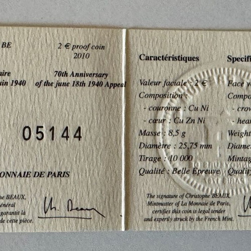 France 2 Euro 2010 Proof Coin 70th Anniversary of June 18 Appeal
