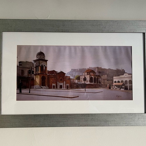 Large Athens Acropolis framed print used, vintage style