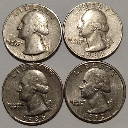 Us quarter dollar coins used, lot of 4 pieces 1965-1993