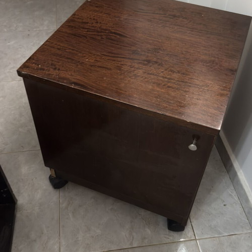 Vintage nightstand with wheels, dark brown, metal handle