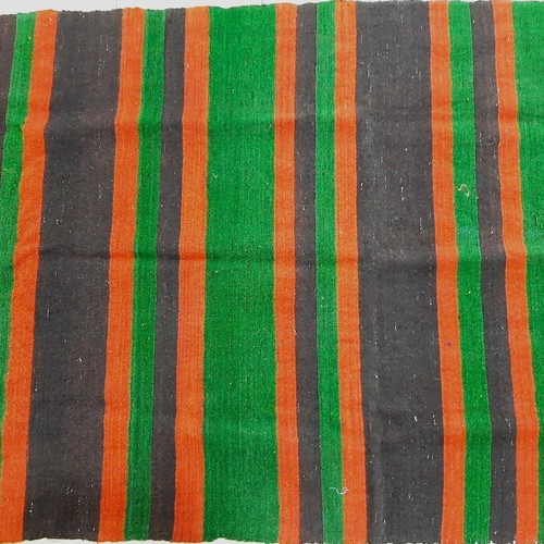 Vintage Bulgarian rug with colorful horizontal stripes and fringes like new