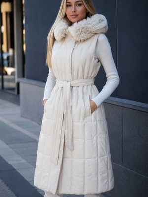 Elegant women's vest with detachable fur hood, size L
