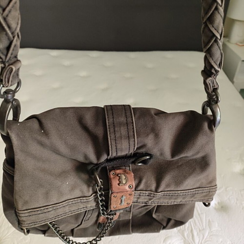 Diesel vintage grey cotton shoulder bag with leather trim like new