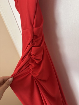 BSB red fitted maxi midi dress with draped gathers and cap sleeves