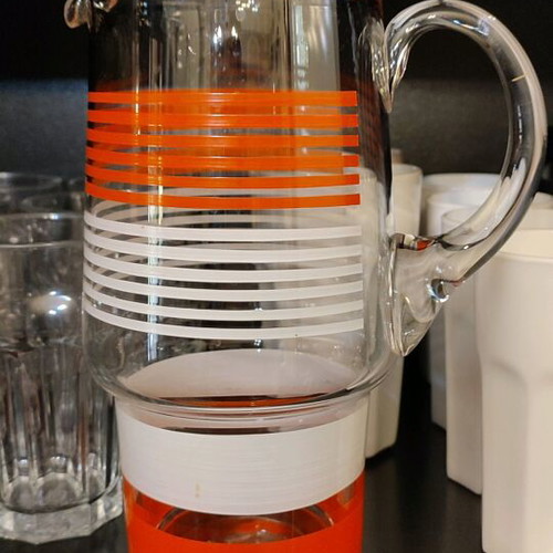 Glass vintage pitcher like new, orange-white