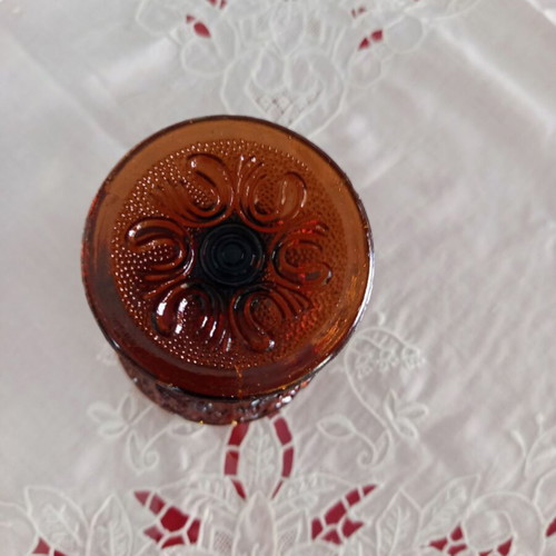 Vintage Amber glass tumbler with embossed patterns like new