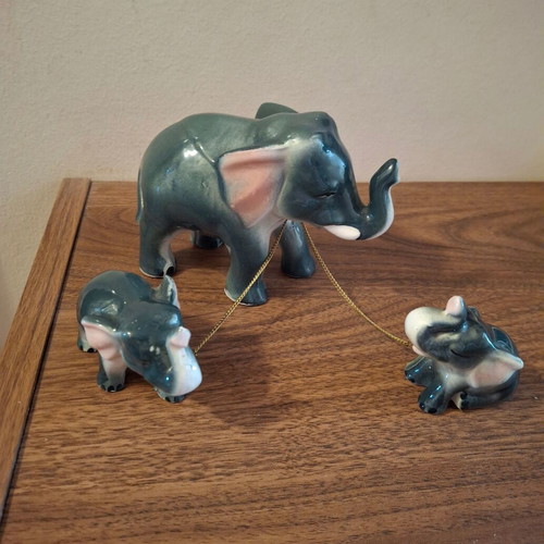 Elephant with 2 Porcelain Baby Elephants Vintage Decorative 1980s
