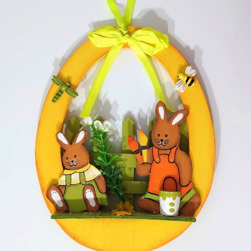 Easter wooden decorative basket with bunnies new