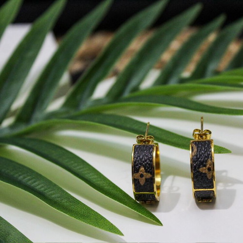Earrings stainless steel with leather, like new, gold and brown