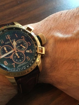 Nautica A31502G Chronograph Watch used, brown leather strap