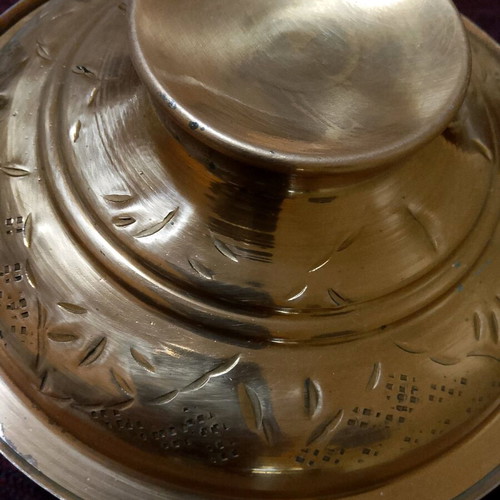 Copper decorative vessel with lid like new, embossed design