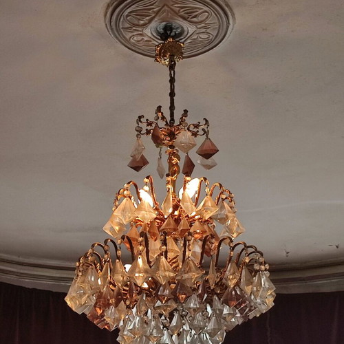 Crystal chandelier like new with gold and burgundy shades
