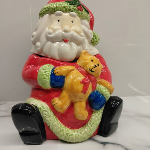 World Bazaars Santa Claus ceramic container with teddy bear