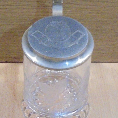 Fischer beer old rare promotional glass mug with metal lid used