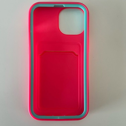 iPhone 13 case like new, bright fuchsia with blue details and card slot