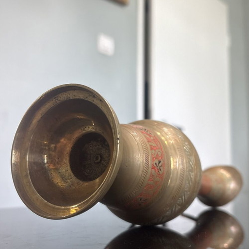 Vintage Hand Engraved Brass Vase with Colored Enamel from India like new