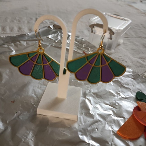 Dahlia earrings 3D printed, hand-painted, gold back, purple and blue front