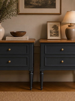 Nightstands set like new, dark navy with natural wood surface