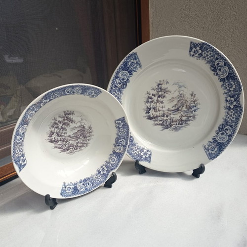 Porcelain platter and bowl set like new with blue nature design