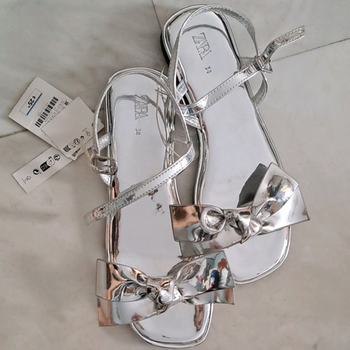Zara silver mirrored sandals with bow new, size 38