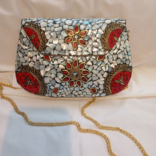 Handmade metal mosaic clutch with mother of pearl and gold chain, like new