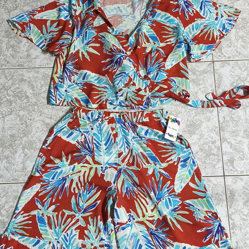 Cotton Linen Top and Bermuda Set new, tropical print, size M-L