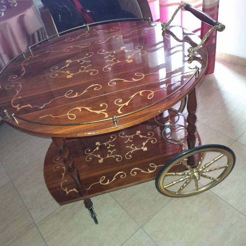 Rolling bar cart like new, wooden with designs and lacquer finish