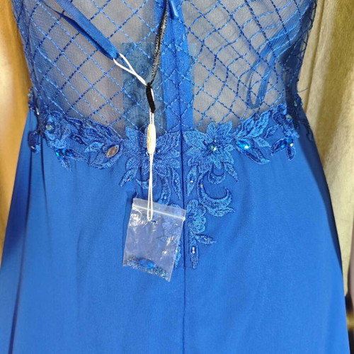 Long blue evening dress with embroidered lace bust and V back