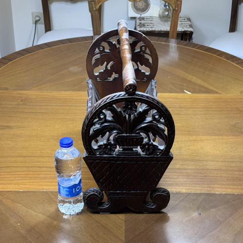 Wooden magazine holder, traditional hand-carved folk art design