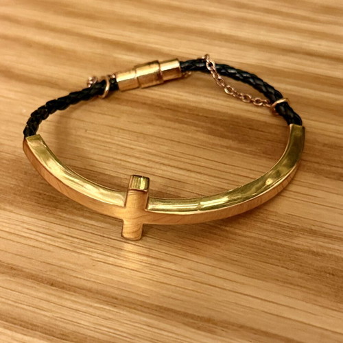 Gold Cross Bracelet with Black Woven Strap like new
