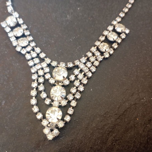 Vintage rhinestone bib necklace used, silver tone, 1950s style