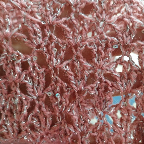 Long knitted scarf with angora, acrylic, lurex and sequins, pink rose ash