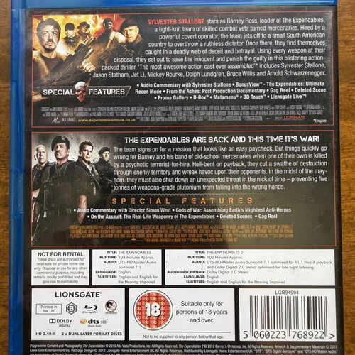 Blu-ray The Expendables 1 and 2 set like new with English subtitles